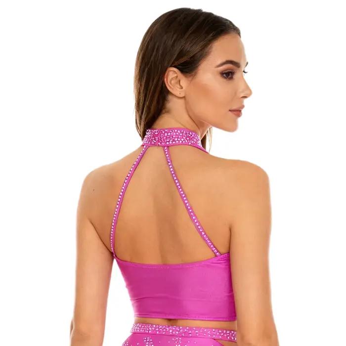 Haut de danse latine Cha-Cha pour femme, style débardeur, dos nu, à bretelles, orné de strass, avec croisement frontal et superposition en maille froncée