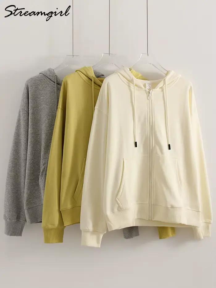 Sweatshirt à capuche surdimensionné en coton et polyester pour femme, fermeture éclair totale, décontracté, pour les sports et la vie quotidienne, automne-hiver