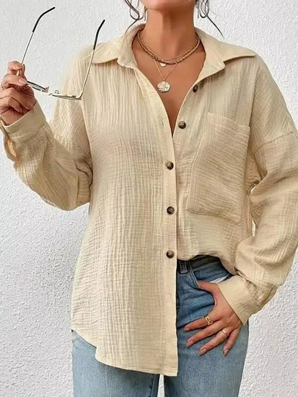 100% coton gaze mousseline femmes chemises décontracté col rabattu à manches longues haut bureau dame Blouses élégantes