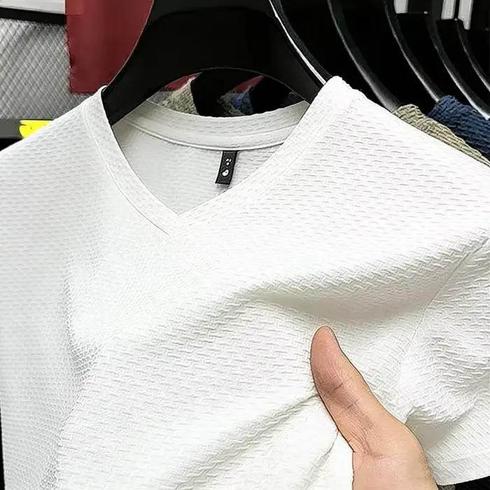 T-shirt décontracté en soie glacée pour homme, col en V, manches courtes, kaki, pour le travail quotidien