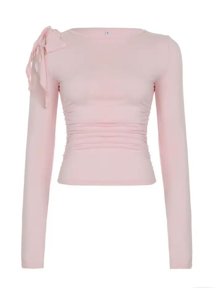 Noeud papillon t-shirts pour femmes Streetwear à manches longues haut court Y2k vêtements couleur unie t-shirt Sexy Ropa De Mujer coupe ajustée Camisetas