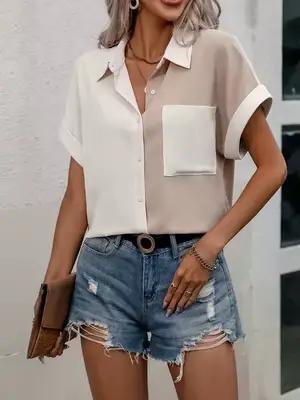 Chemise pour femme beige et blanche à blocs de couleur