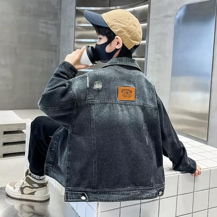 Enfants vêtements de luxe noir bleu veste en jean pour adolescent garçon printemps automne déchiré