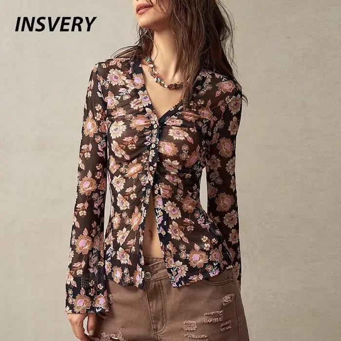 Nouvelle mode femmes chemise boutonnée décontracté imprimé froncé à manches longues Blouse ajusté col en V hauts