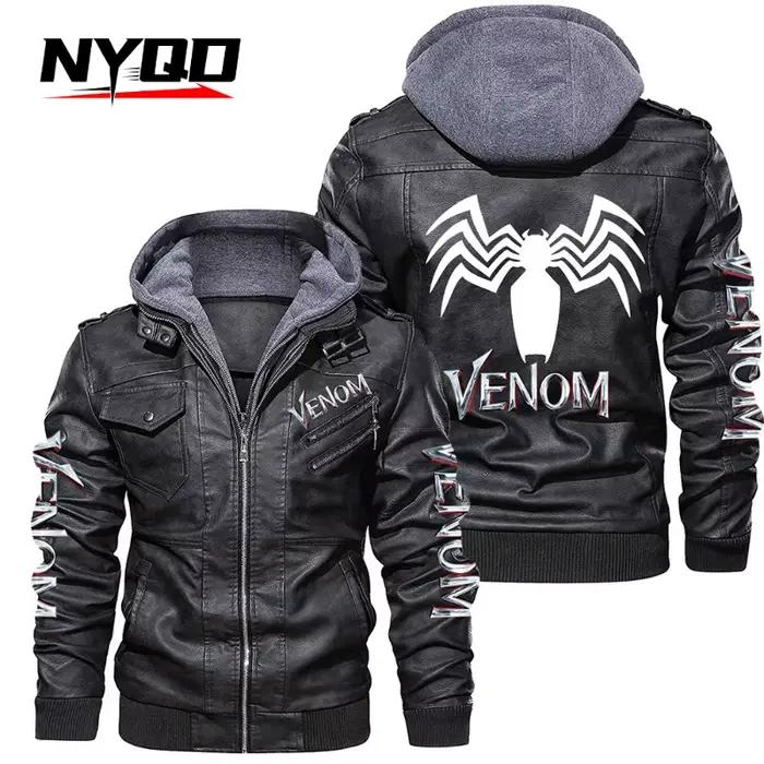Veste de motard en cuir à capuche pour hommes