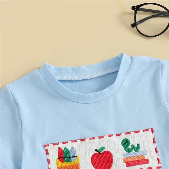 Tenues d'été pour bébés garçons Emmababy T-Shirts à manches courtes et col rond brodés de pommes avec Short à carreaux pour retour à l'école et activités scolaires