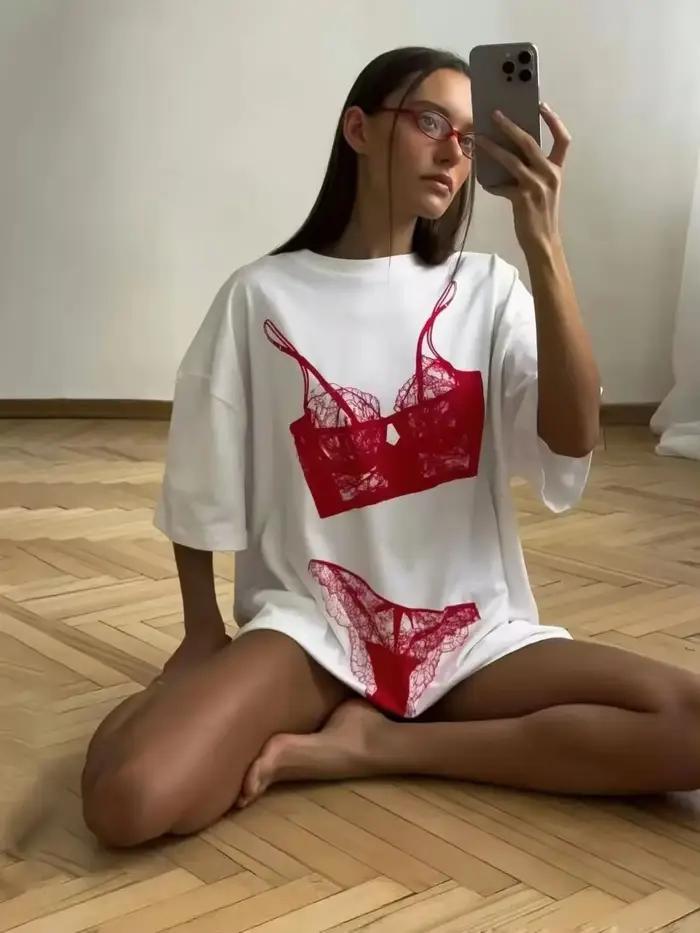 Harajuku décontracté drôle Bikini imprimé t-shirt pour femmes ample été