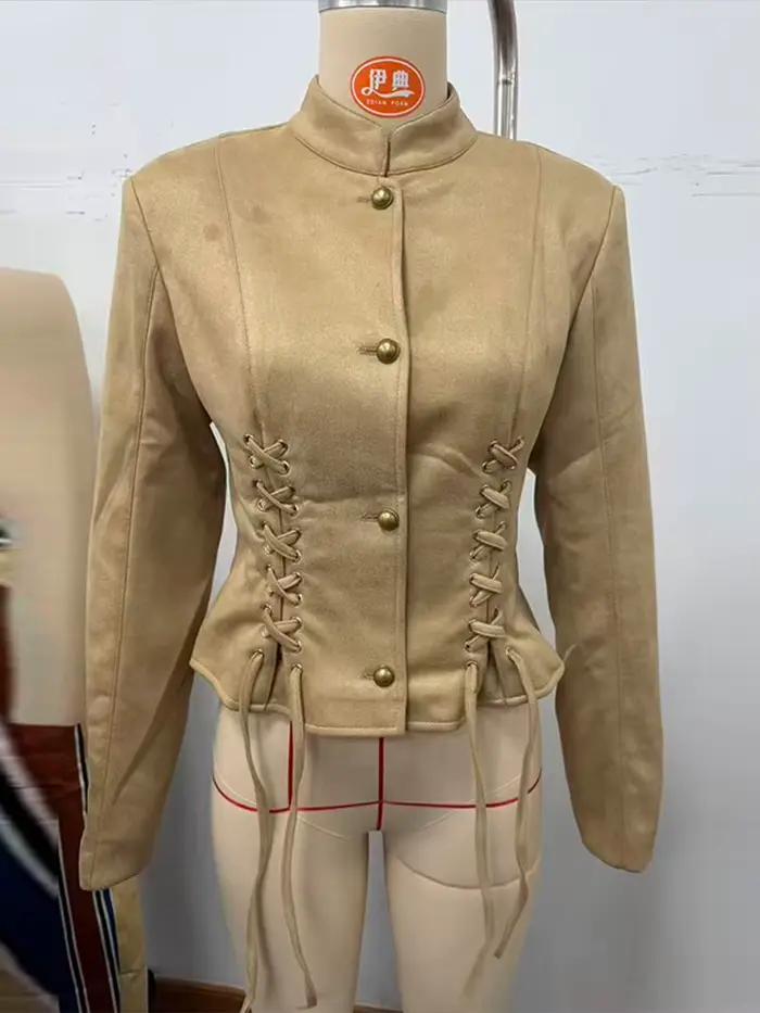 Manteau en daim pour femme automne 2026, élégant, à lacets, manches longues, simple boutonnage, col montant, veste polyvalente pour femme