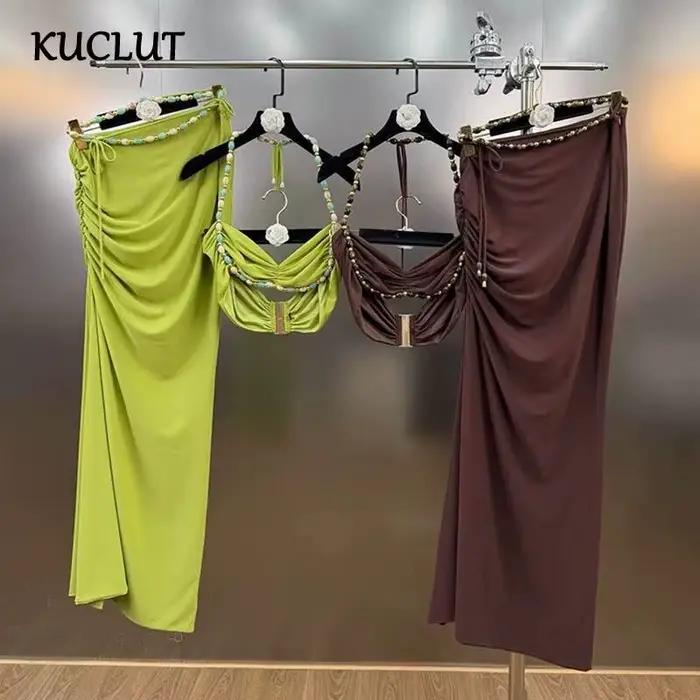 KUCLUT 2026 Nouveautés Mode Ensemble Deux Pièces pour Femme : Débardeur Halter Perlé Froncé et Jupe Taille Haute