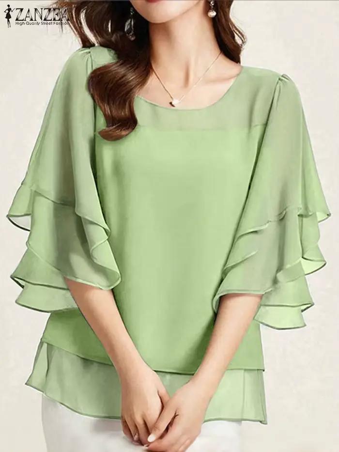 2025 ZANZEA mode femmes chemisier en mousseline de soie couleur unie hauts tunique automne 3/4 manches chemises à