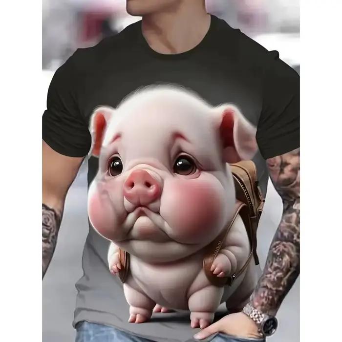 Nouveau T-shirt Homme Amusant Motif Cochon Dessin Animé 3D Imprimé Manches Courtes Col Rond en Polyester – Vêtements