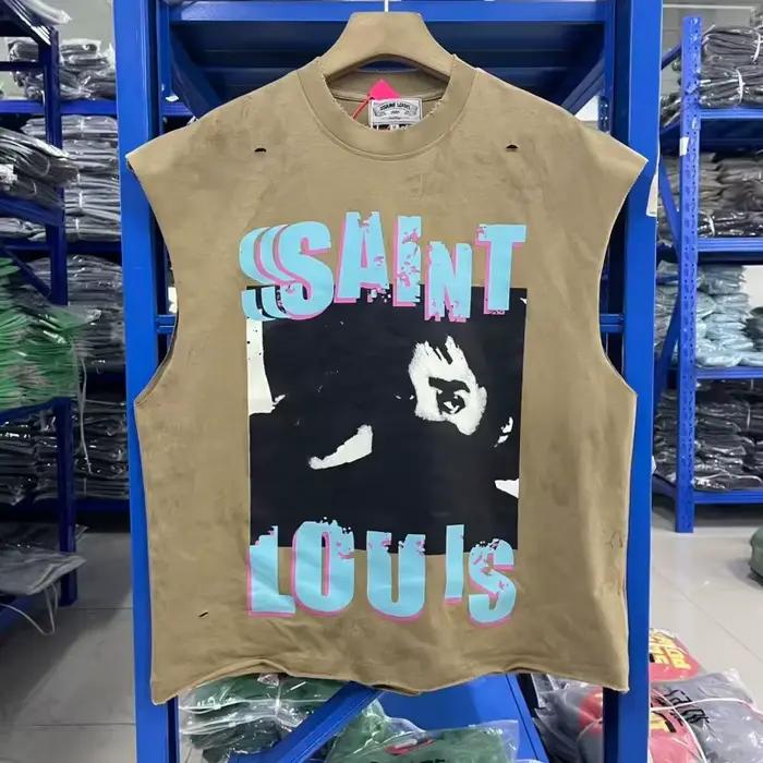 SAINT Débardeur Vintage Homme Sans Manches Effet Vieilli Délavé Style Rétro Streetwear Coupe Ample T-shirt Court