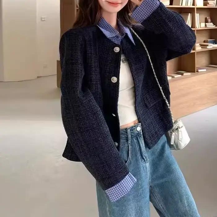 Veste en tweed à carreaux bleu marine pour femme, manteau à manches longues tendance automne, style preppy, col rabattu, manteau pour femme
