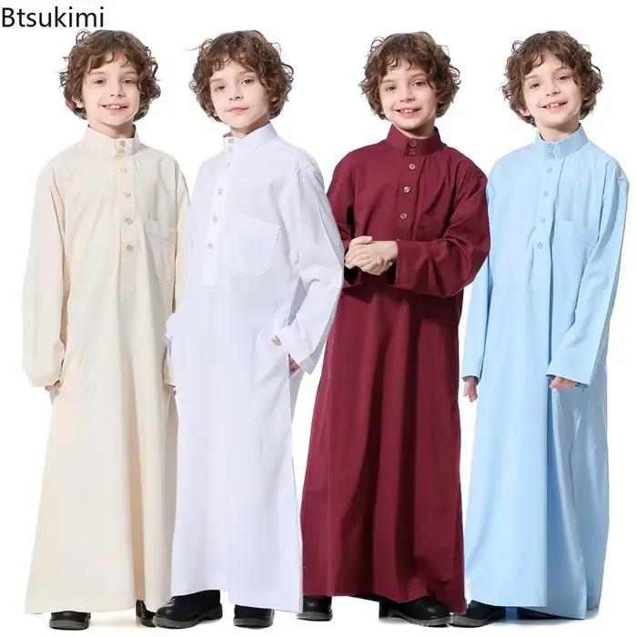 Garçons vêtements islamiques enfants musulman Jubba Thobe solide à manches longues col montant caftan Robes arabe dubaï