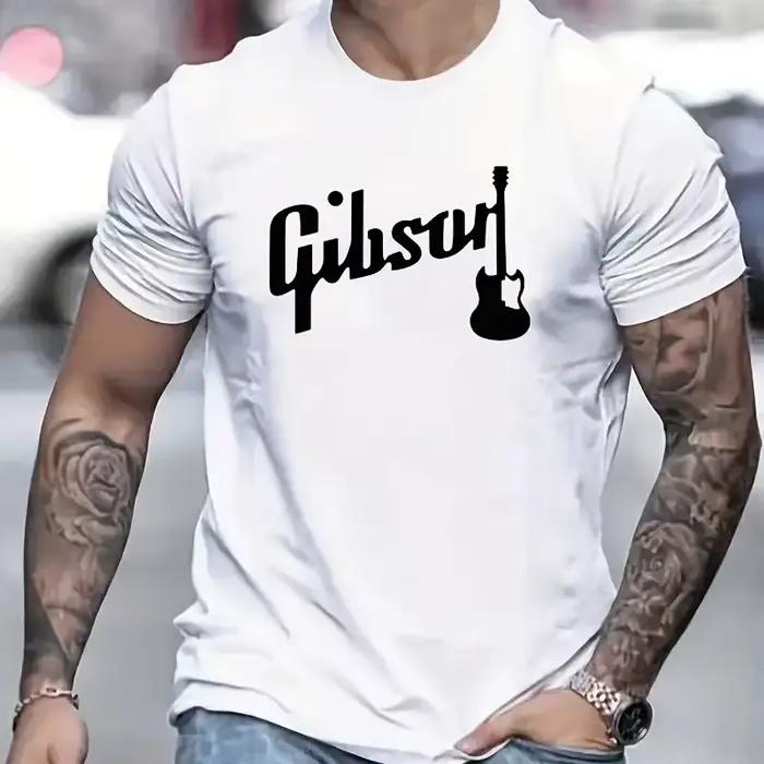 T-shirt d'été pour homme 100 % coton, décontracté, ample, à la mode, imprimé guitare Gibson, col rond, manches courtes