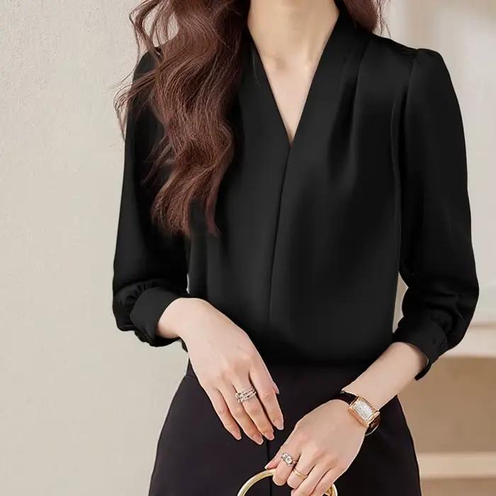 HELIAR Chemisier Élégant pour Femme en Chiffon à Col en V, Coupe Ample Décontractée à Manches Longues, Idéal pour le Bureau et les Soirées, Haut Chic pour l'Automne