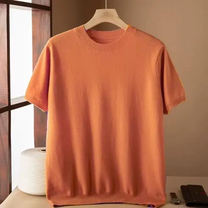 T-shirt en laine mérinos super fine pour hommes, tricoté, col rond, respirant, cachemire fin, manches courtes, couleur unie, pull pour hommes