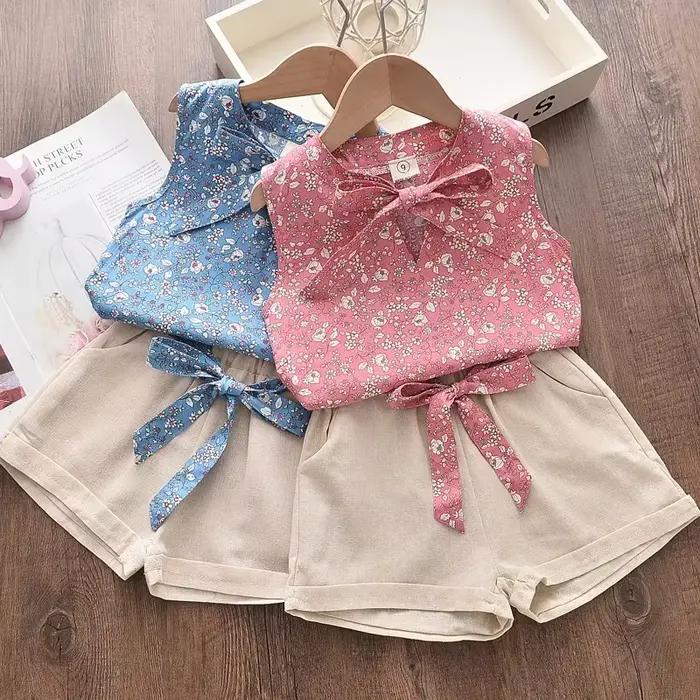 Enfant en bas âge enfants bébé fille Floral rose bleu Blouse T-shirt pantalon été 2 pièces costume infantile