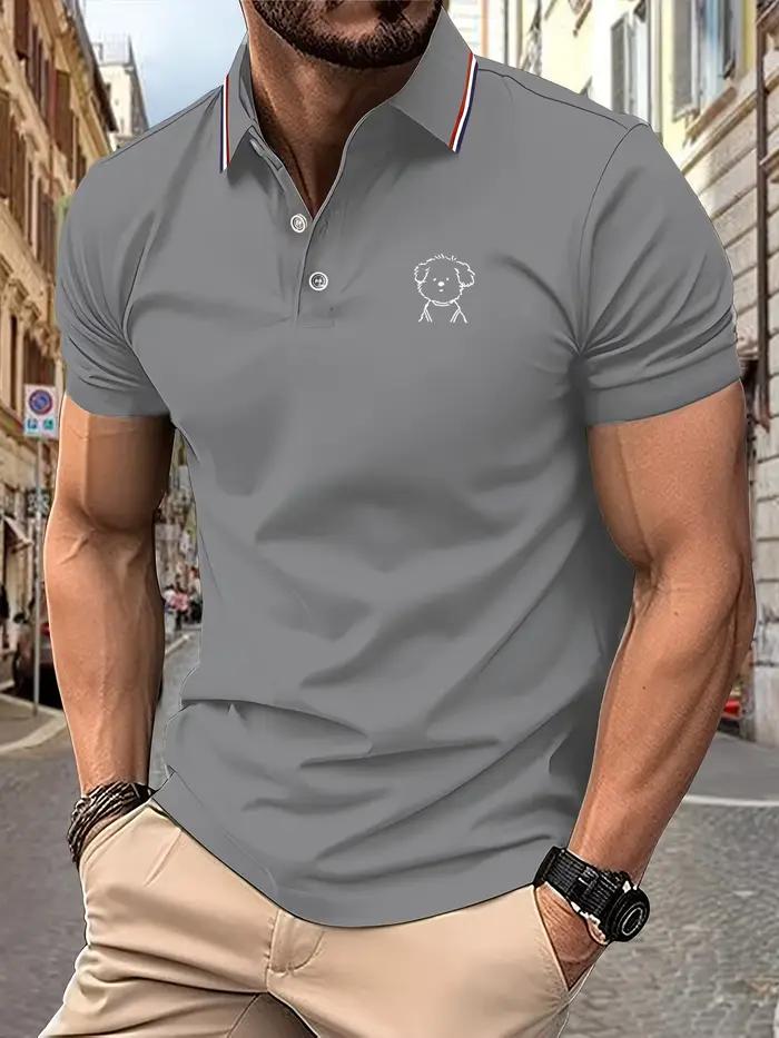Polo homme mignon chiot croquis imprimé col rayé été décontracté doux respirant à la mode