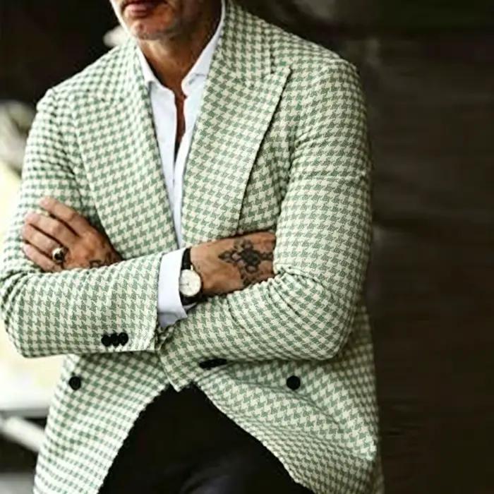 Blazer Homme en Laine Mélangée à Carreaux Pied-de-Poule, Coupe Slim, Revers, Double Boutonnage, Veste de Costume Formelle et Décontractée, pour Affaires, Mariages et Fêtes