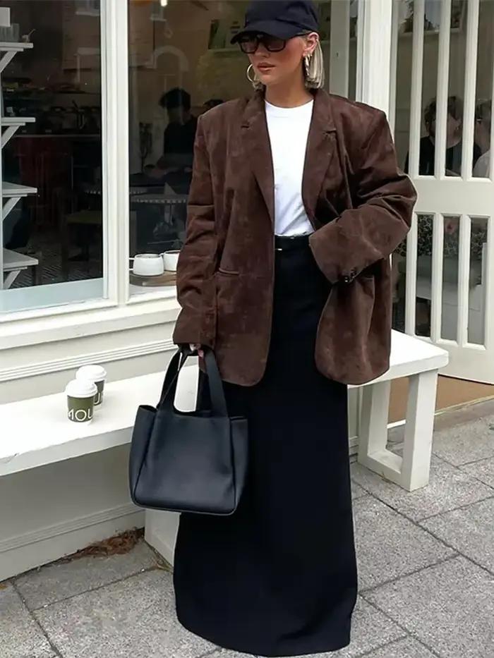 Veste Blazer en daim marron pour femme, col en v, manches longues, simple boutonnage, manteau ample, vêtements d'extérieur pour les déplacements quotidiens, automne 2025