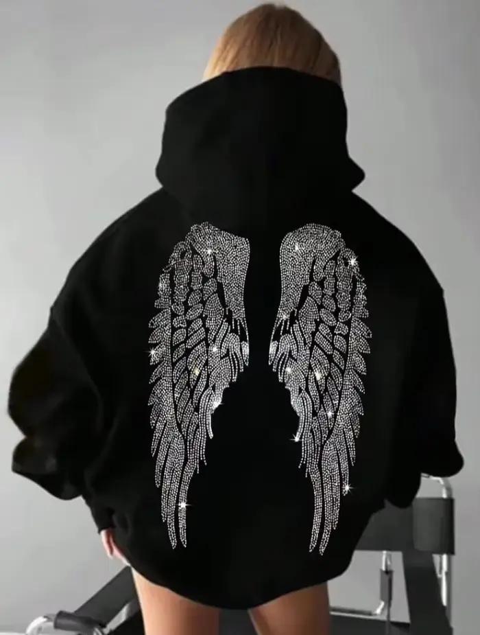 Sweat à capuche ailes d'ange pailletées pour femmes, pull ample et décontracté, style Y2K, confortable pour les sports et les occasions spéciales
