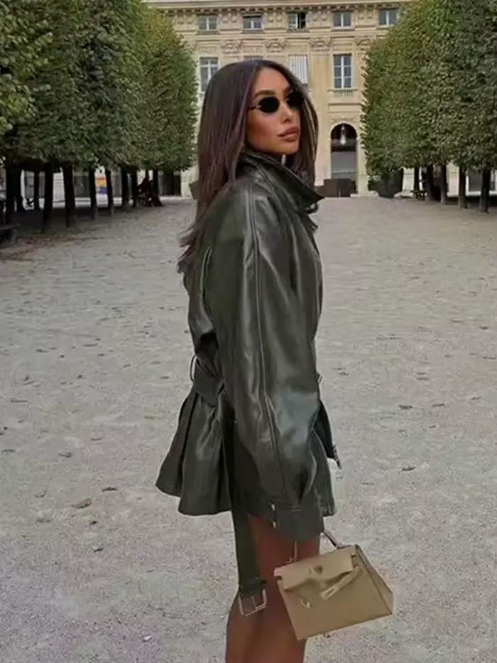 HH femmes printemps mode vestes solide col rabattu manches longues poches ceinture décoration fermeture éclair femme haute rue manteaux