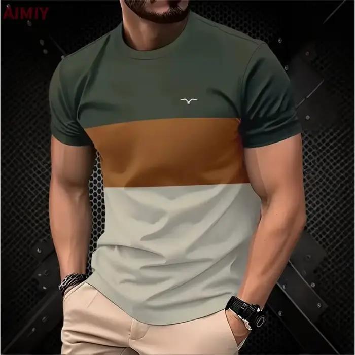 T-shirt imprimé rayé pour hommes, décontracté, col rond, manches courtes, à la mode, pour l'extérieur, été