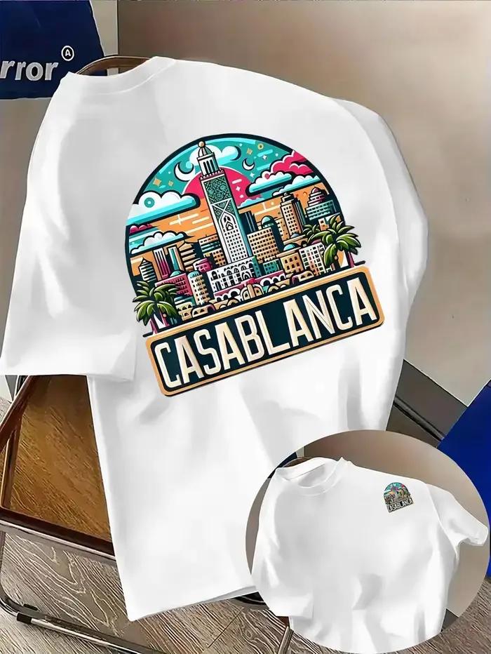 T-shirt en pur coton pour homme avec imprimé architecture urbaine marocaine et police de caractères