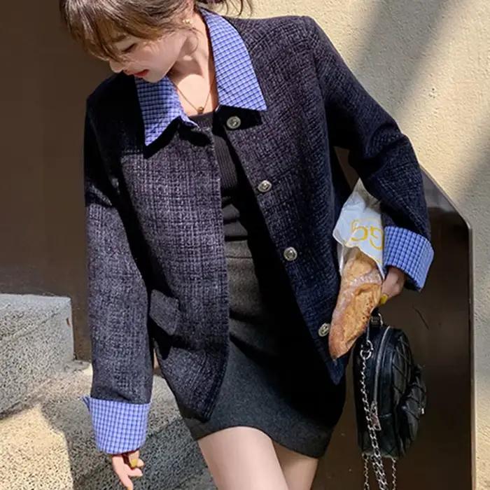 Veste en tweed à carreaux bleu marine pour femme, manteau à manches longues tendance automne, style preppy, col rabattu, manteau pour femme