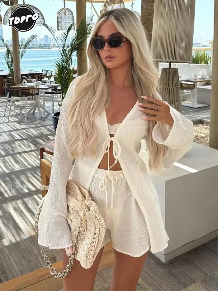 Ensemble de chemise à manches longues et col en V à lacets pour femmes