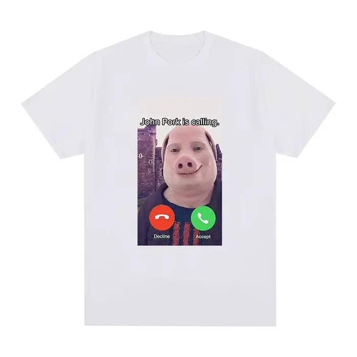 T-shirt « John Pork appelle » avec réponse humoristique, mode vintage délavée unisexe, confortable, extensible, polyvalent, streetwear
