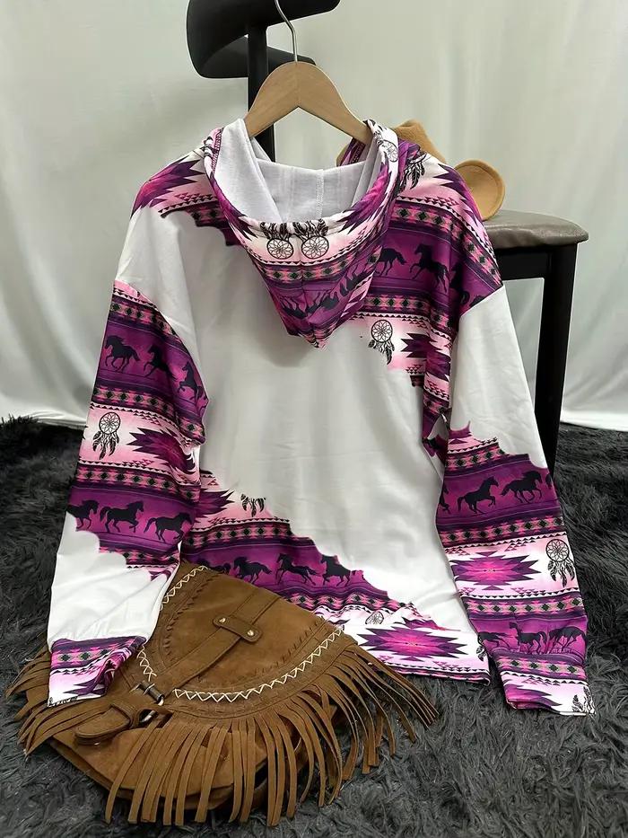 Pull à capuche col rond pour femmes, style ethnique occidental, imprimé rétro, décontracté et moderne, idéal pour les femmes âgées de 35 à 45 ans, pour des occasions quotidiennes et spéciales