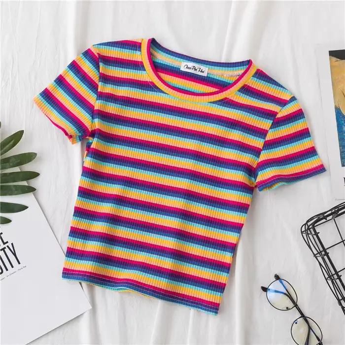 Nouveau T-shirt femmes arc-en-ciel rayé hauts coupe ajustée