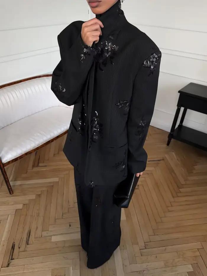 Blazer brodé à paillettes noires pour femmes