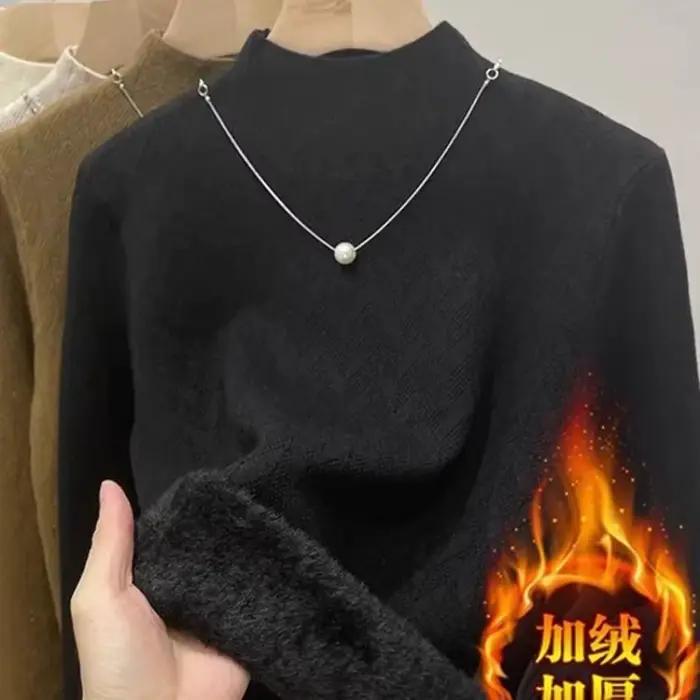 Pull pour femmes hiver peluche velours doublé épaissir demi col roulé respectueux de la peau Jacquard rayures