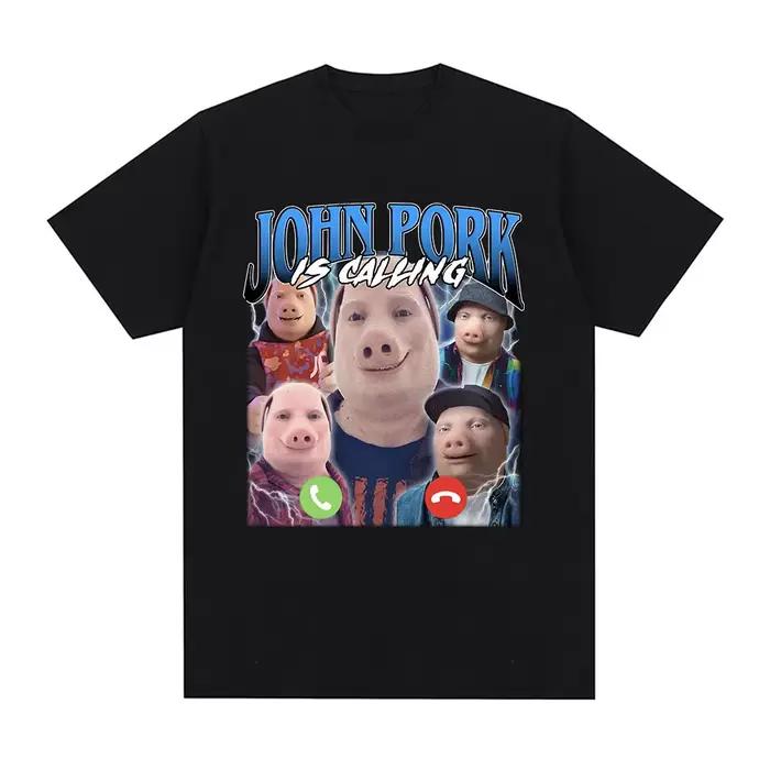T-shirt « John Pork appelle » avec réponse humoristique, mode vintage délavée unisexe, confortable, extensible, polyvalent, streetwear