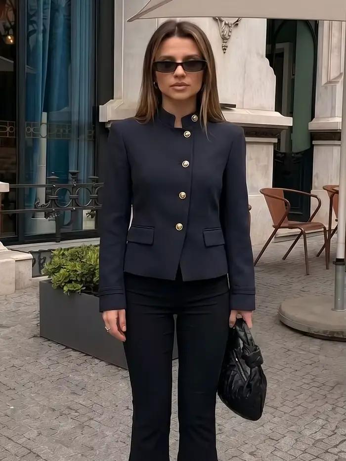 HH Veste Minimaliste Femme Bleu Marine Coupe Slim avec Boutons et Poches – Blazer Chic Décontracté pour le Bureau et la Ville