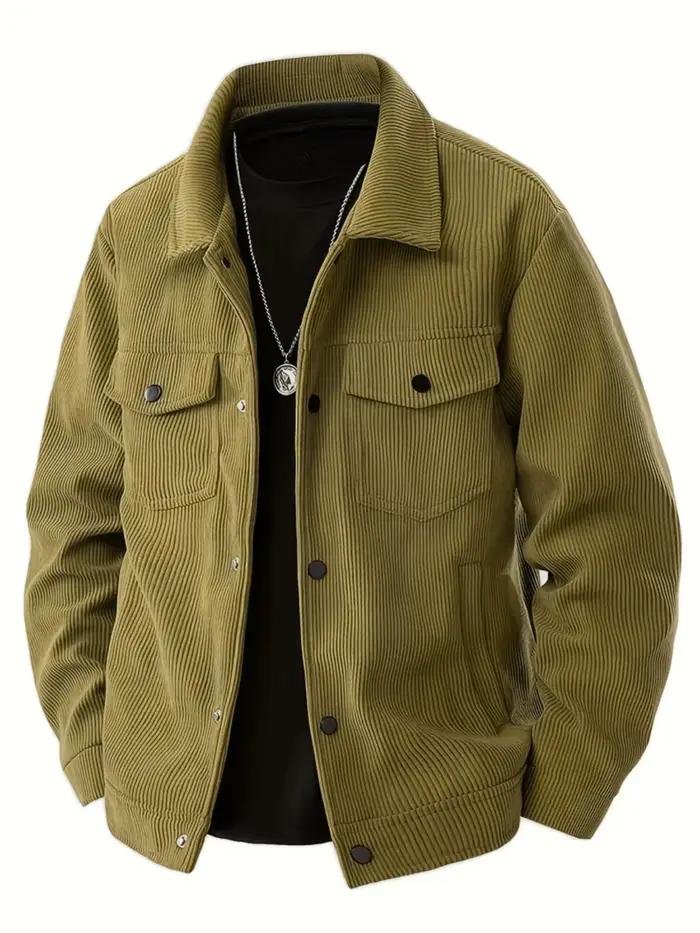 Veste en velours côtelé pour homme, col rabattu, boutonnée, poche poitrine, style décontracté vintage streetwear