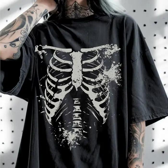 T-shirt décontracté unisexe à imprimé crâne style sombre, grande taille, nouveauté été