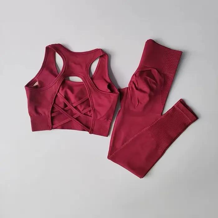 Ensemble 2 pièces de vêtements de sport pour femme : Soutien-gorge de fitness professionnel antichoc à dos élégant et Leggings de course et de yoga