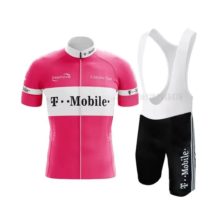 Ensemble de cyclisme rétro pour homme, maillot à manches courtes, short à bretelles rose, kit de cyclisme