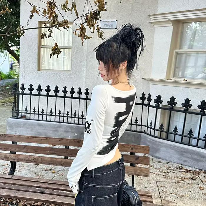 Tonngirls américain rétro imprimé T-shirt femmes à manches longues bouton graphique hauts Y2k