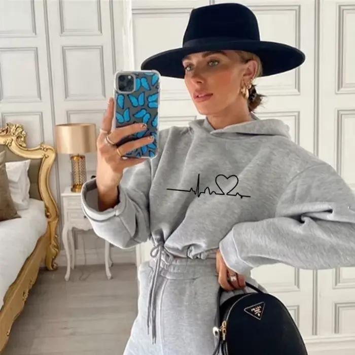 Femmes à capuche survêtement sport 2 pièces ensemble sweats pull