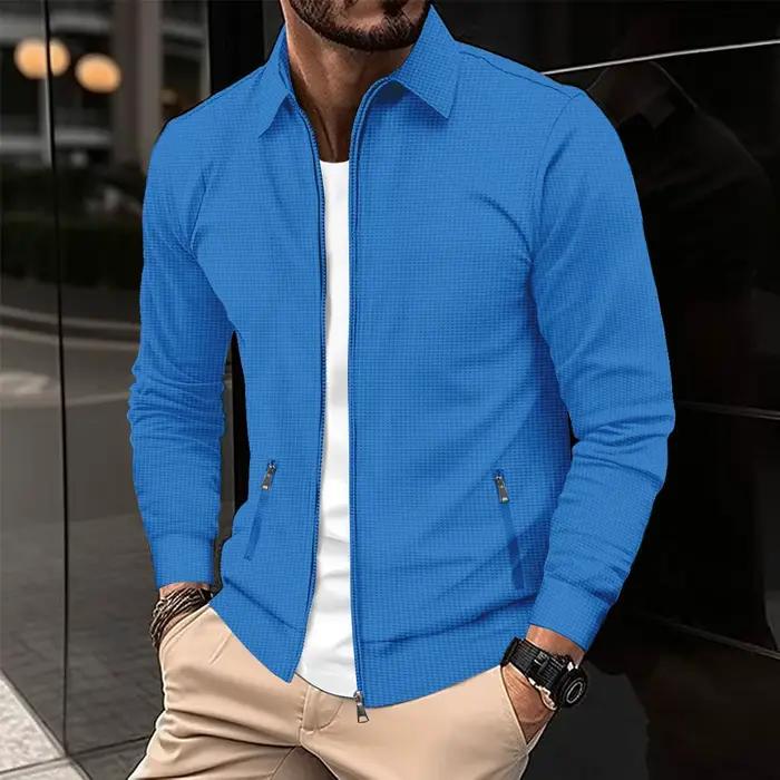 Veste zippée texturée gaufrée pour homme, col rabattu, manches longues décontractées avec poches latérales
