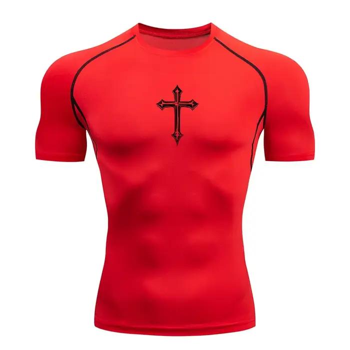 T-shirt de compression imprimé croisé pour hommes, T-shirt athlétique chrétien, hauts de sport, sous-vêtements de base pour la gym, l'entraînement et la course à pied