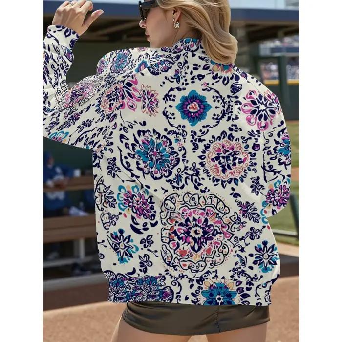 Veste de Baseball blanche pour femmes, avec motif artistique Floral multicolore, manches longues, poches, manteau décontracté, Streetwear, grande taille