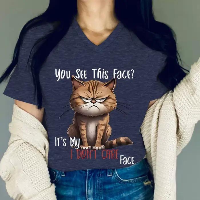 Vêtements pour femmes T-shirt imprimé chat en colère ce n'est mon je n'ai rien faire face t-shirts drôles col en v chemises et chemisiers graphiques amoureux des chats