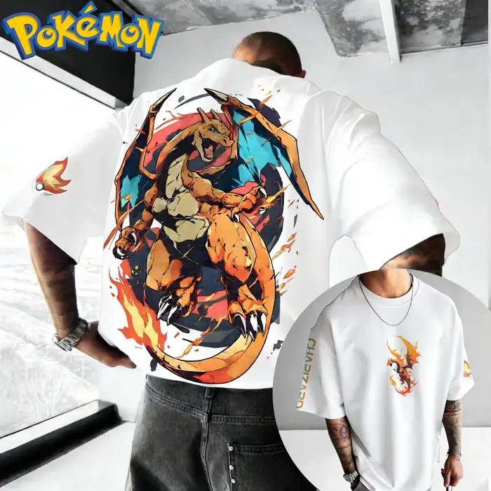 Nouveau Tshirt en coton Pokemon avec impression avant Charizard effets ailes de feu bleues et logo Poke Ball sur les manches coupe ample pour hommes et femmes occassions speciales sportives et cosplay