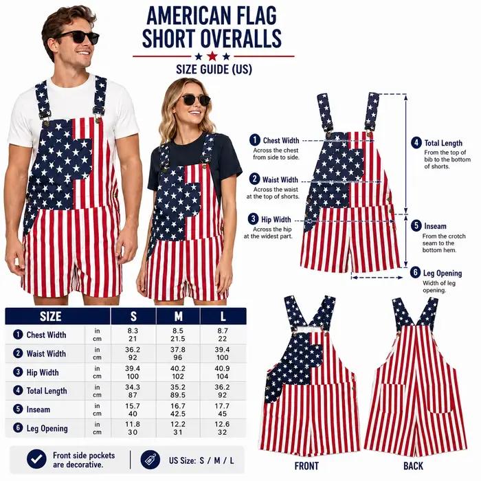 Salopette courte patriotique à motif drapeau américain pour hommes et femmes, pantalon à bretelles imprimé drapeau USA, combinaison décontractée ample